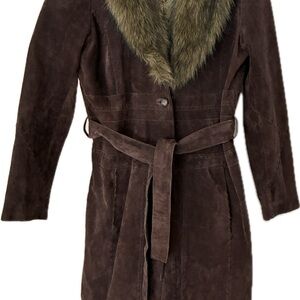 Penny Lane Wilsons Leather Brown Suede Faux Fur Collar Belted Long Coat.